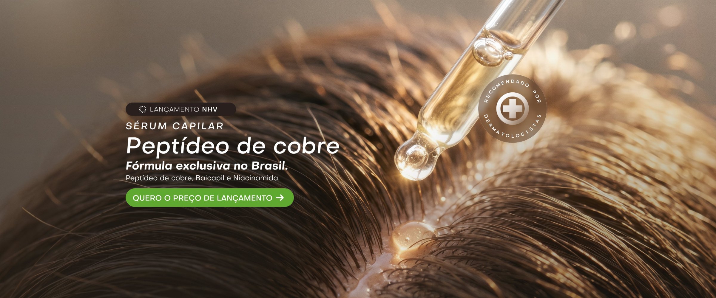 Conta-gotas do Sérum Capilar NHV com peptídeo de cobre aplicando no couro cabeludo