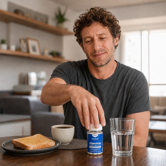 Homem com o pote na mesa do café da manhã