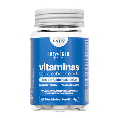 Pote de vitamina para cabelo,barba e pele da New hair em embalagem azul em fundo branco 