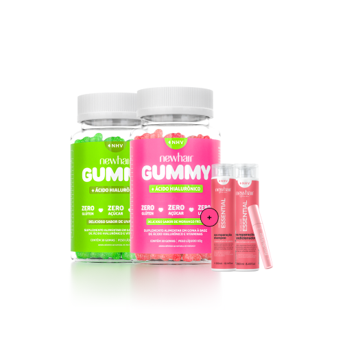 02 Vitaminas em Goma New Hair Gummy + Shampoo e condicionador S.O.S reparação + Sem frizz