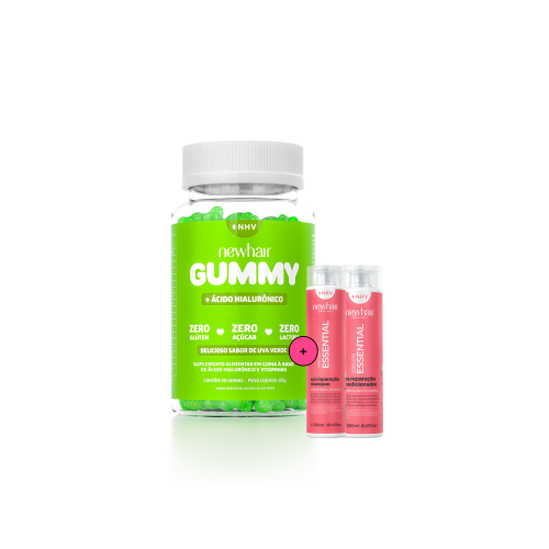 Vitamina em Goma New Hair Gummy + Shampoo e condicionador S.O.S reparação