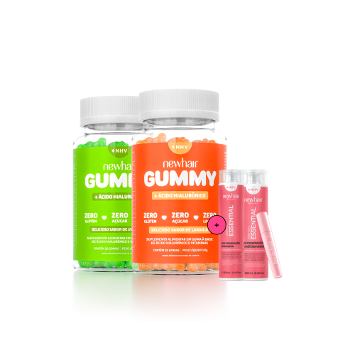 02 Vitaminas em Goma New Hair Gummy + Shampoo e condicionador S.O.S reparação + Sem frizz
