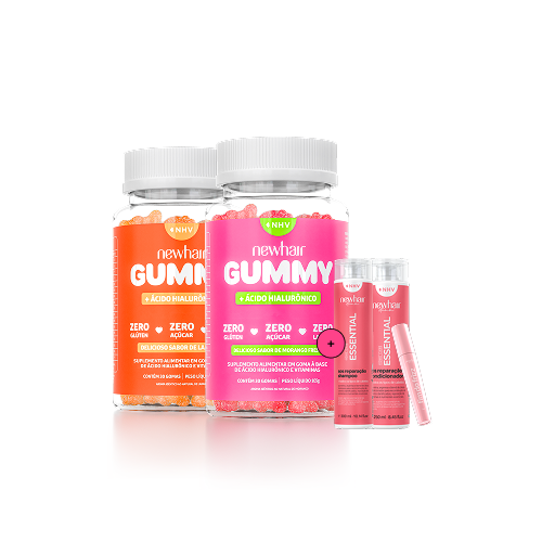 02 Vitaminas em Goma New Hair Gummy + Shampoo e condicionador S.O.S reparação + Sem frizz