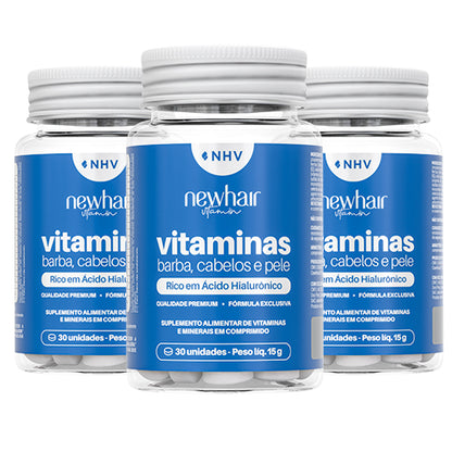 Três potes de vitamina para cabelo,barba e pele da New hair em embalagem azul em fundo branco 