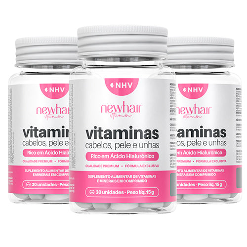 Vitamina para Cabelos, Pele e Unhas com Ácido Hialurônico - 3 Potes