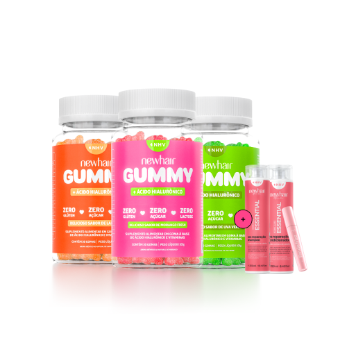 03 Vitaminas em Goma New Hair Gummy + Shampoo e condicionador S.O.S reparação + Sem frizz