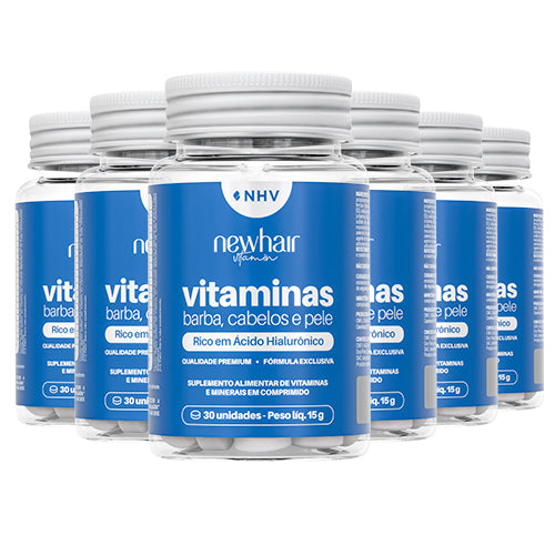 Seis potes de vitamina para cabelo,barba e pele da New hair em embalagem azul em fundo branco 