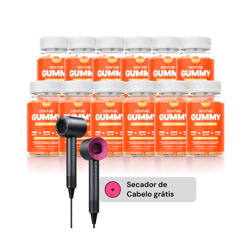 Kit 12 Potes Vitamina para Cabelo, Pele e Unha em Goma com Ácido Hialurônico Laranja + Secador