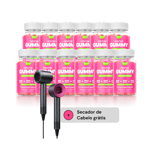 Kit 12 Potes Vitamina para Cabelo, Pele e Unha em Goma com Ácido Hialurônico Morango + Secador