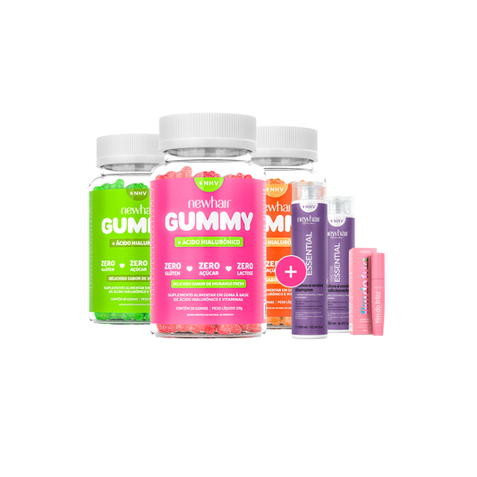 03 Vitaminas em Goma New Hair Gummy + Shampoo e condicionador S.O.S reparação + Sem frizz