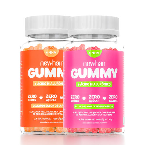 Kit 2 Potes Vitamina para Cabelo, Pele e Unha em Goma com Ácido Hialurônico Laranja - Uva