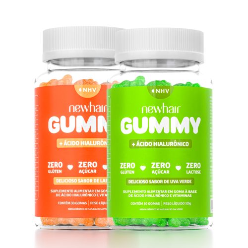 Kit 2 Potes Vitamina para Cabelo, Pele e Unha em Goma com Ácido Hialurônico Laranja - Uva