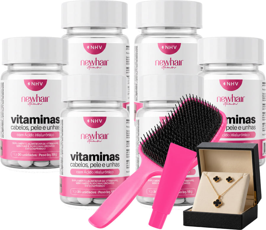 Seis potes da vitamina NHV com a escova, o TikBalm e o Kit Trevo