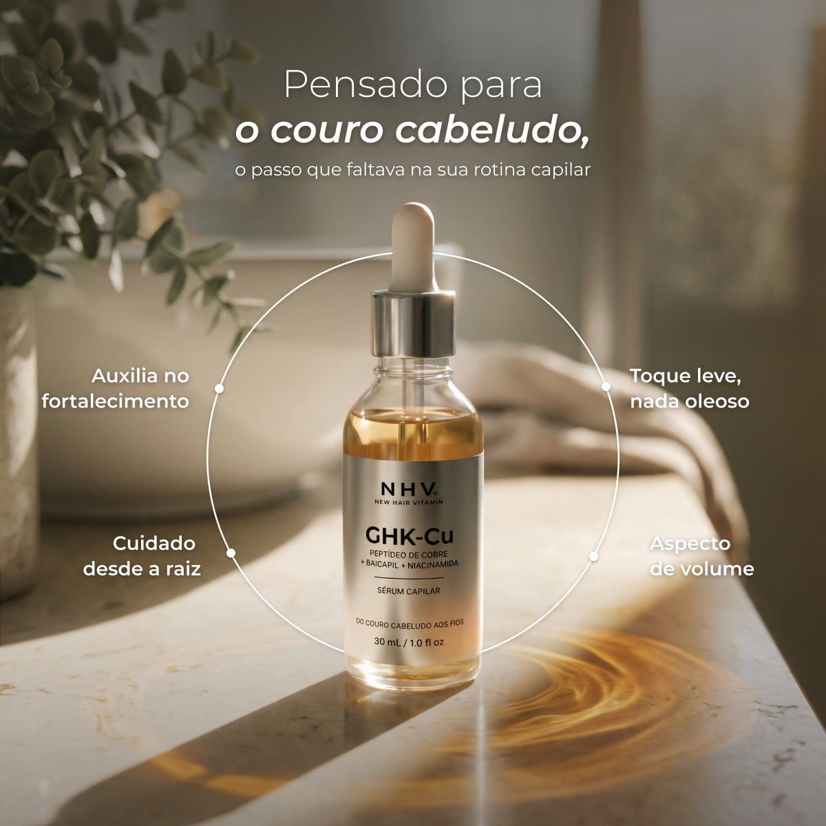 Benefícios do sérum apontados no frasco, em círculo