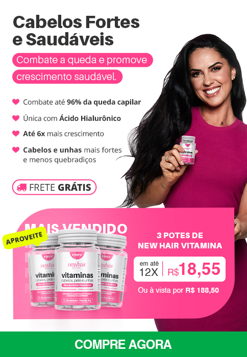 Modelo segurado um pote da vitamina para cabelos, pele e unhas com ácido hialurônico New Hair Vitamin com rótulo branco