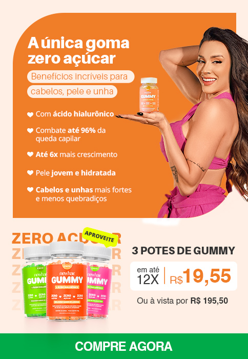  Influencer Mayra Cardi segurando um pote da Vitamina para cabelos, pele e unhas em goma New Hair Gummy sabor uva verde com rótulo verde